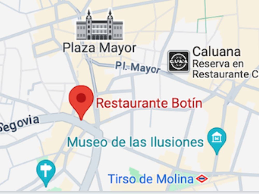 Mapa digital do Google Maps com um marcador vermelho indicando a localização do Restaurante Botín em Madri, próximo à Plaza Mayor.