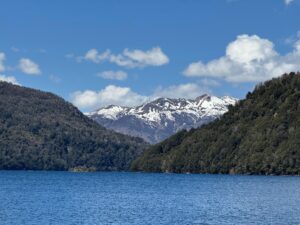 Vista panorâmica de um grande lago de águas azuis na Patagônia, cercado por montanhas cobertas por florestas densas e verdes, com picos andinos cobertos de neve ao fundo sob um céu azul com nuvens brancas.