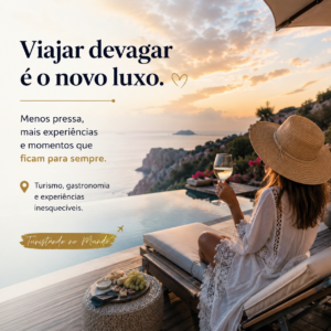 Mulher de chapéu de palha e vestido branco sentada em uma espreguiçadeira de frente para uma piscina de borda infinita, segurando uma taça de vinho branco durante o pôr do sol no litoral, com texto sobre slow travel à esquerda.